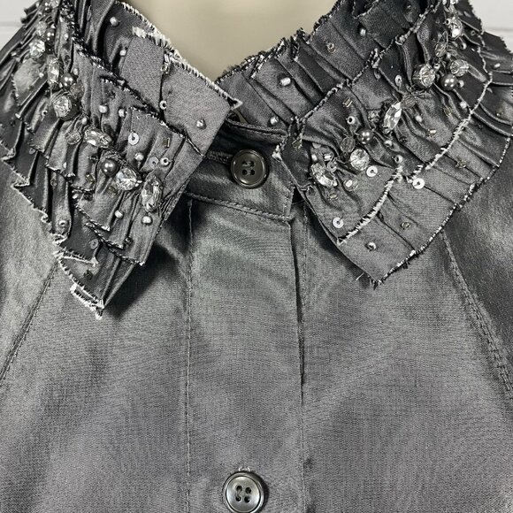 Lafayette 148 Grey Metallic 100% Silk Button Embellished Collar Shirt 8 *tear - Picture 10 of 11